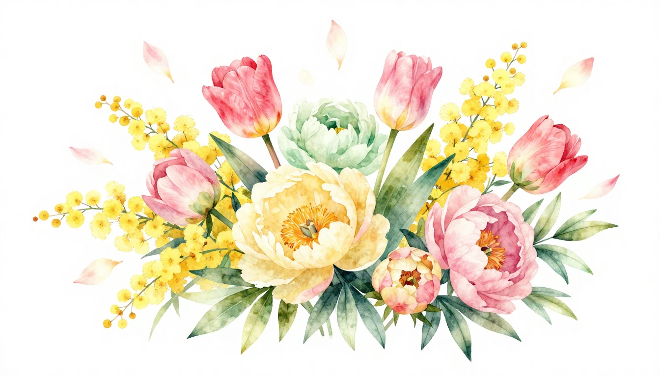 A beautiful watercolor painting of a vibrant bouquet of spri...