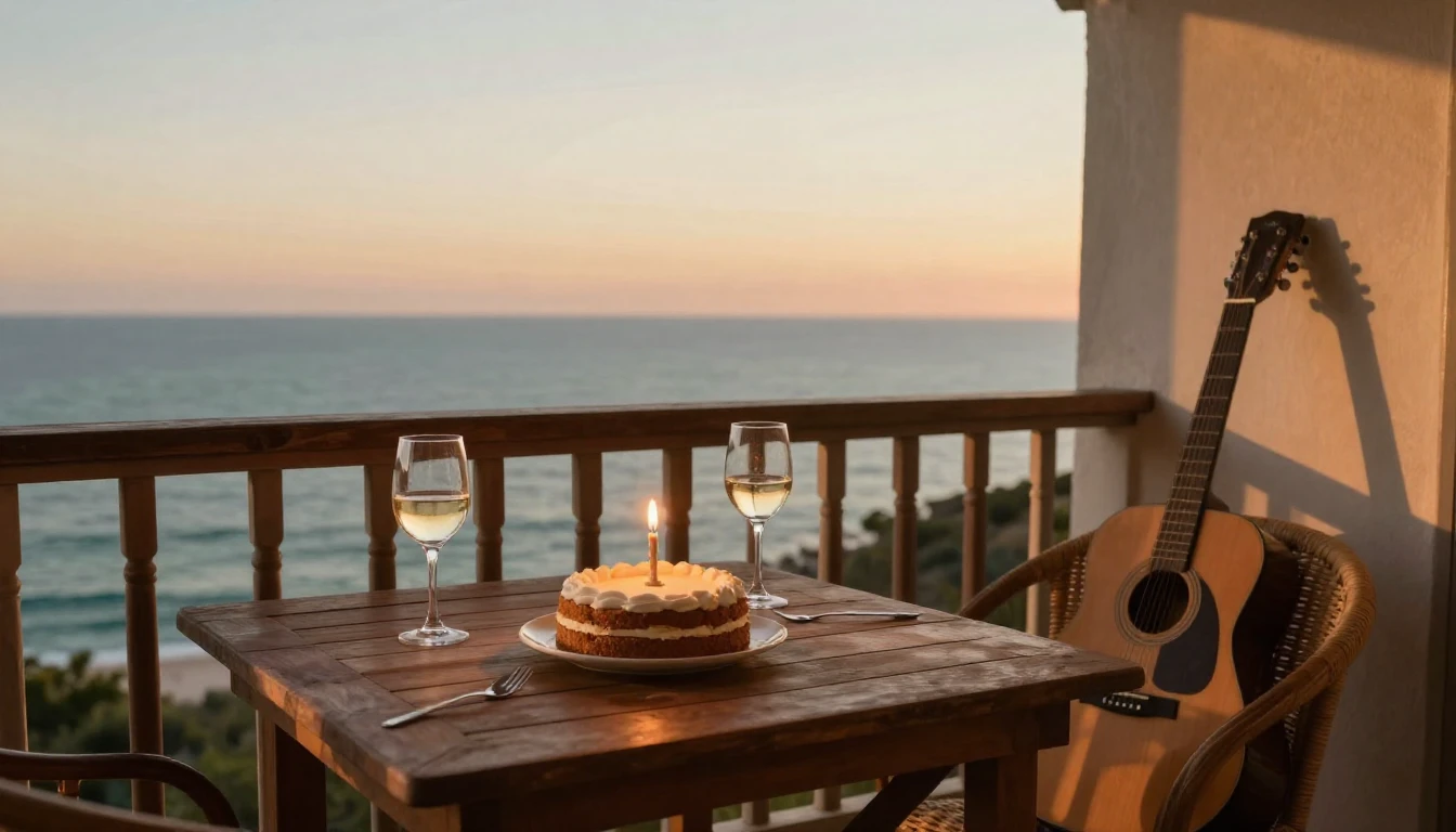 A warm and inviting birthday scene set on a rustic balcony o...