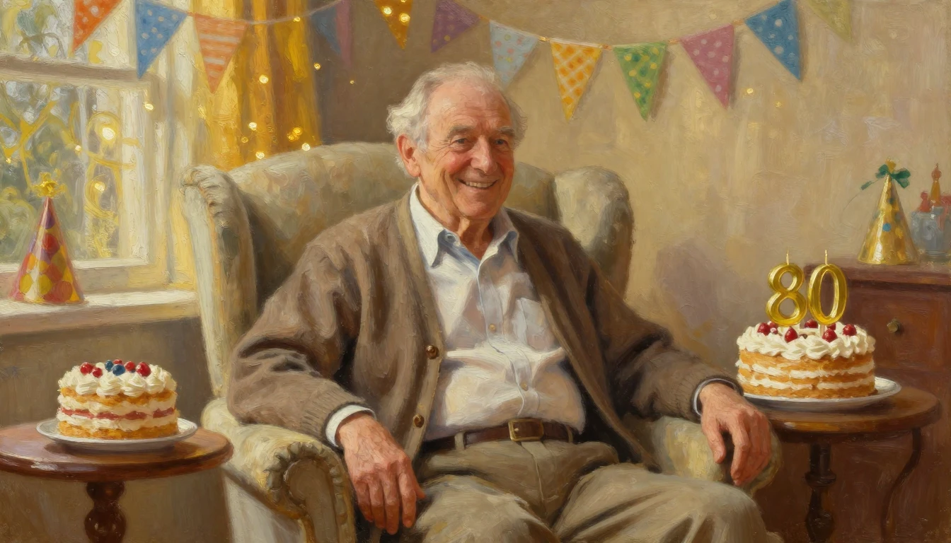 A heartwarming oil painting of a happy 80-year-old grandfath...