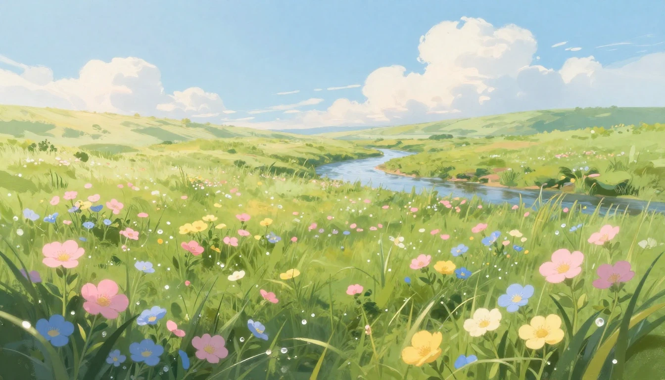 A serene spring landscape featuring a lush green meadow fill...