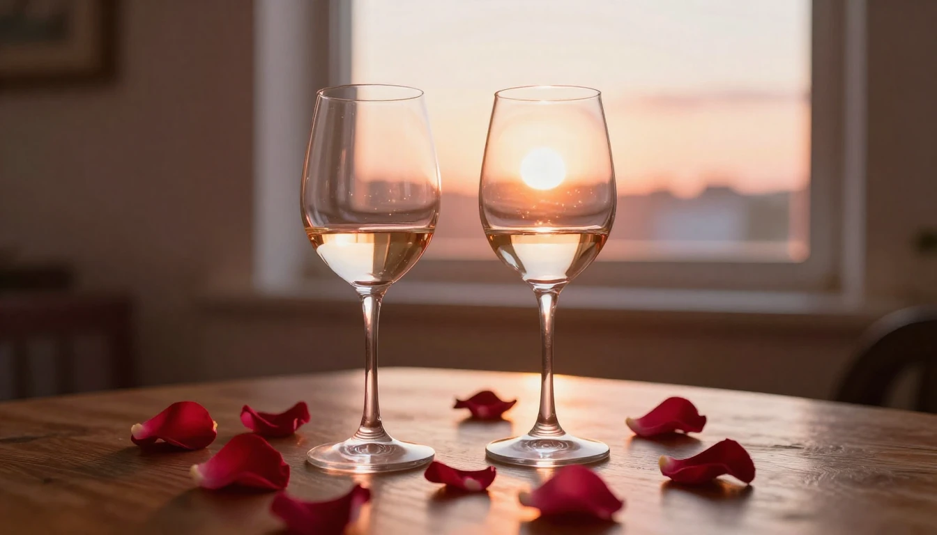 A beautiful and romantic scene featuring two elegant wine gl...