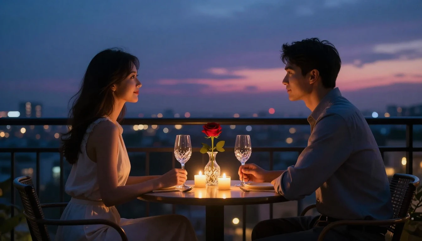 A breathtakingly romantic scene featuring a small table set ...