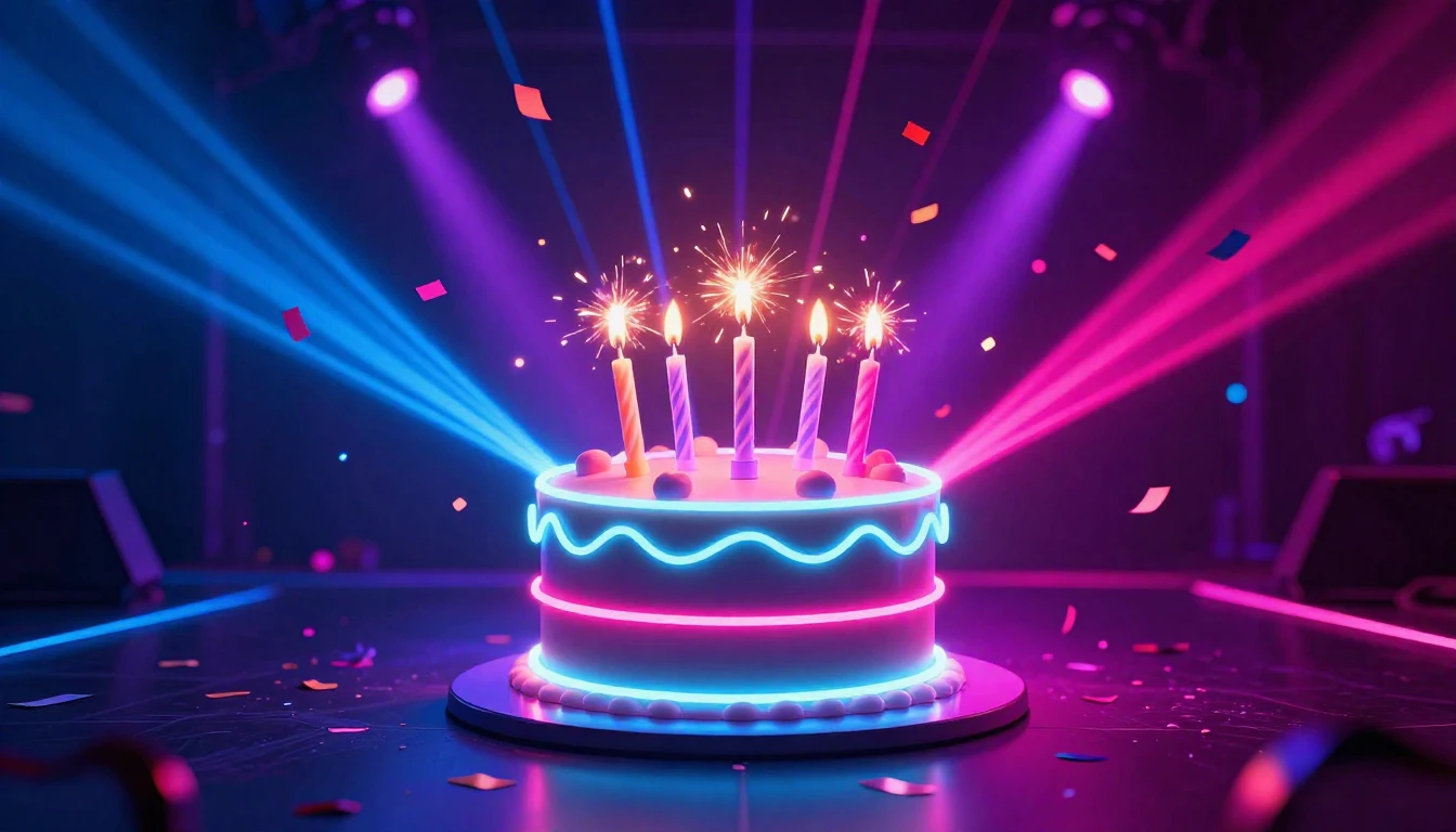 A vibrant and energetic birthday concept art featuring a glo...