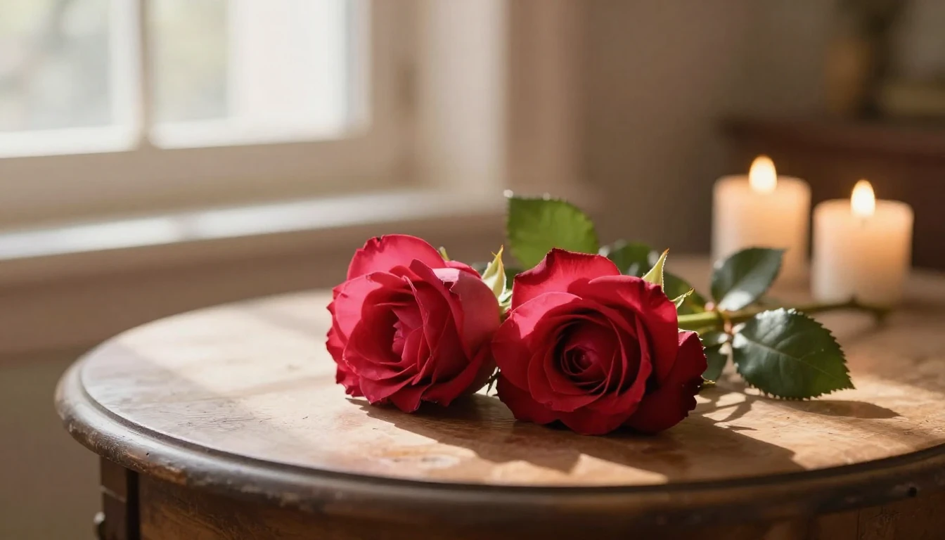 A beautiful and delicate scene featuring two intertwined red...