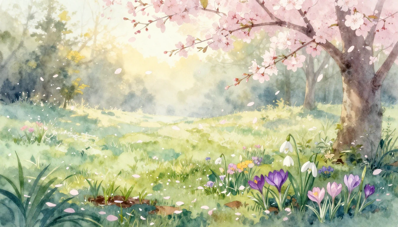 A soft watercolor painting of a serene meadow at sunrise. De...