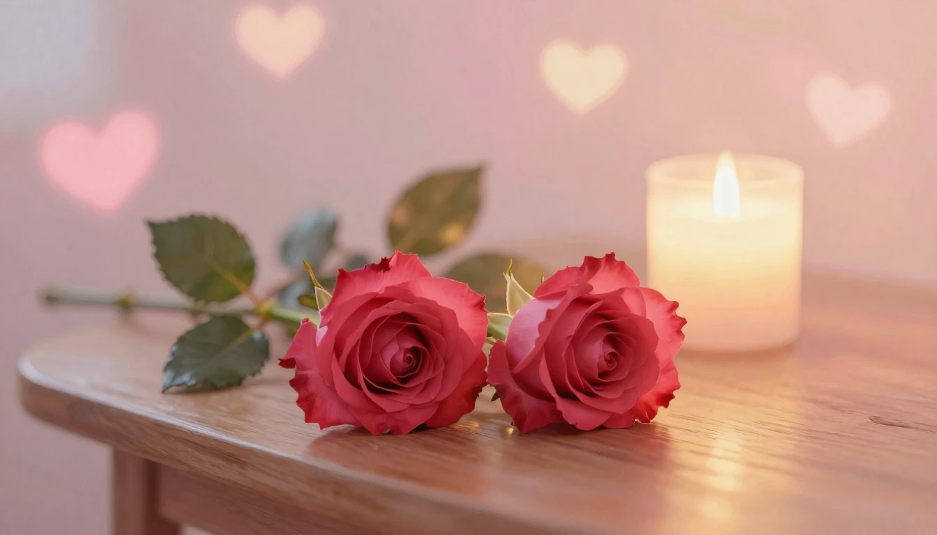 A dreamy and romantic scene featuring two delicate red roses...