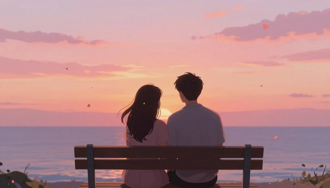 A romantic and dreamy illustration of a couple sitting close...