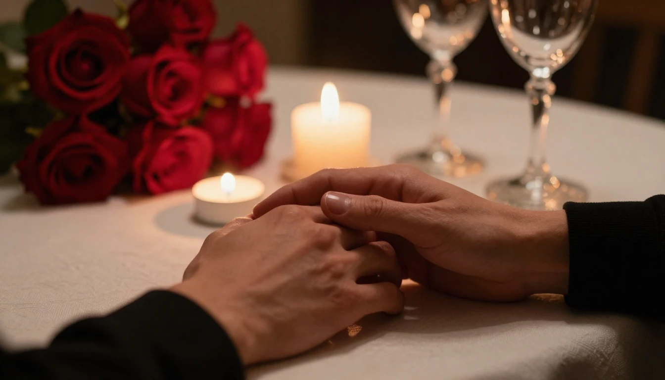 A cinematic close-up shot of two hands gently intertwined on...