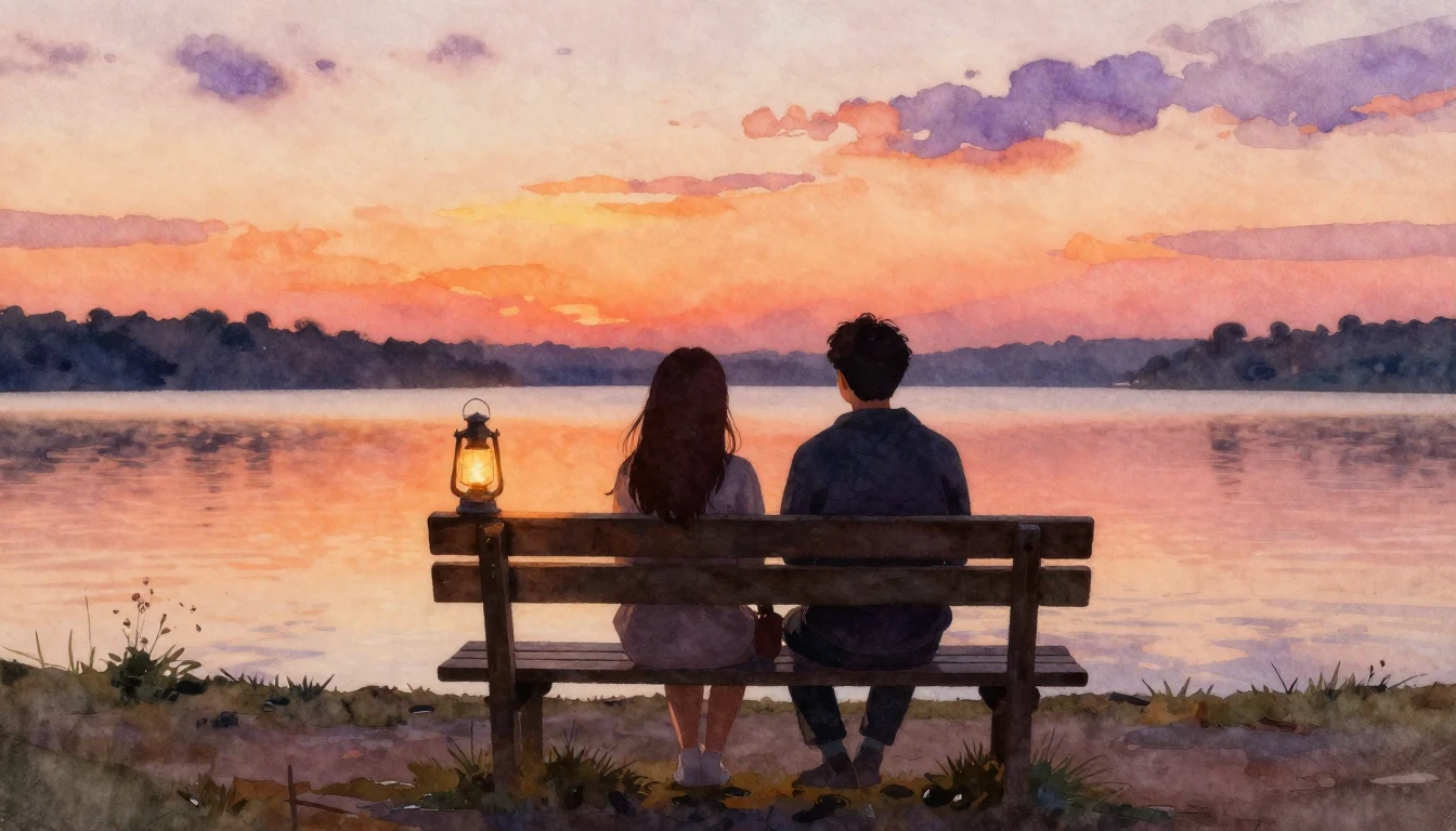 A heartwarming watercolor painting depicting two silhouettes...