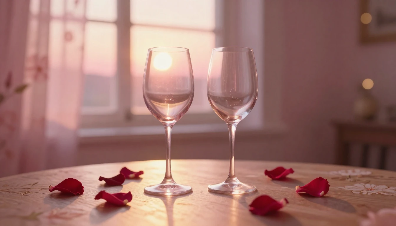 A soft and dreamy scene featuring two elegant wine glasses o...