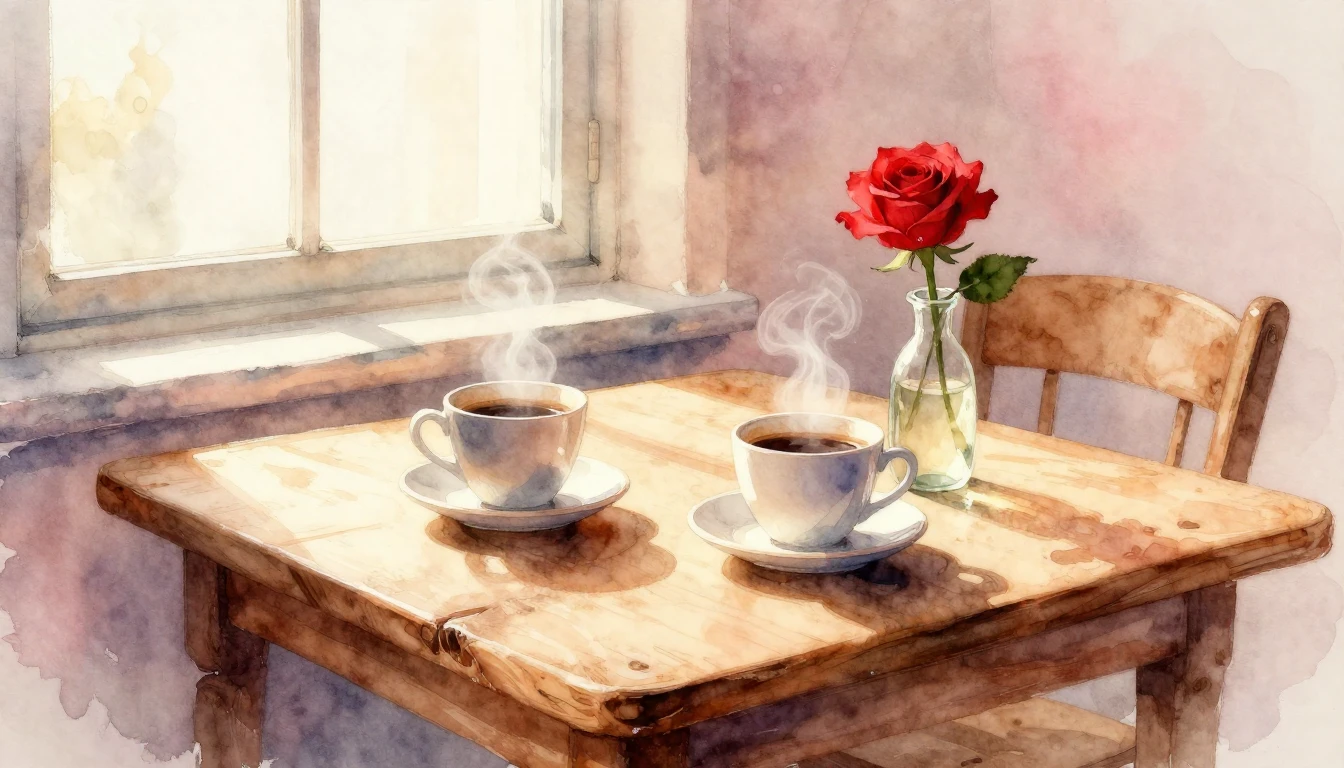 A soft and romantic watercolor painting depicting a cozy Val...
