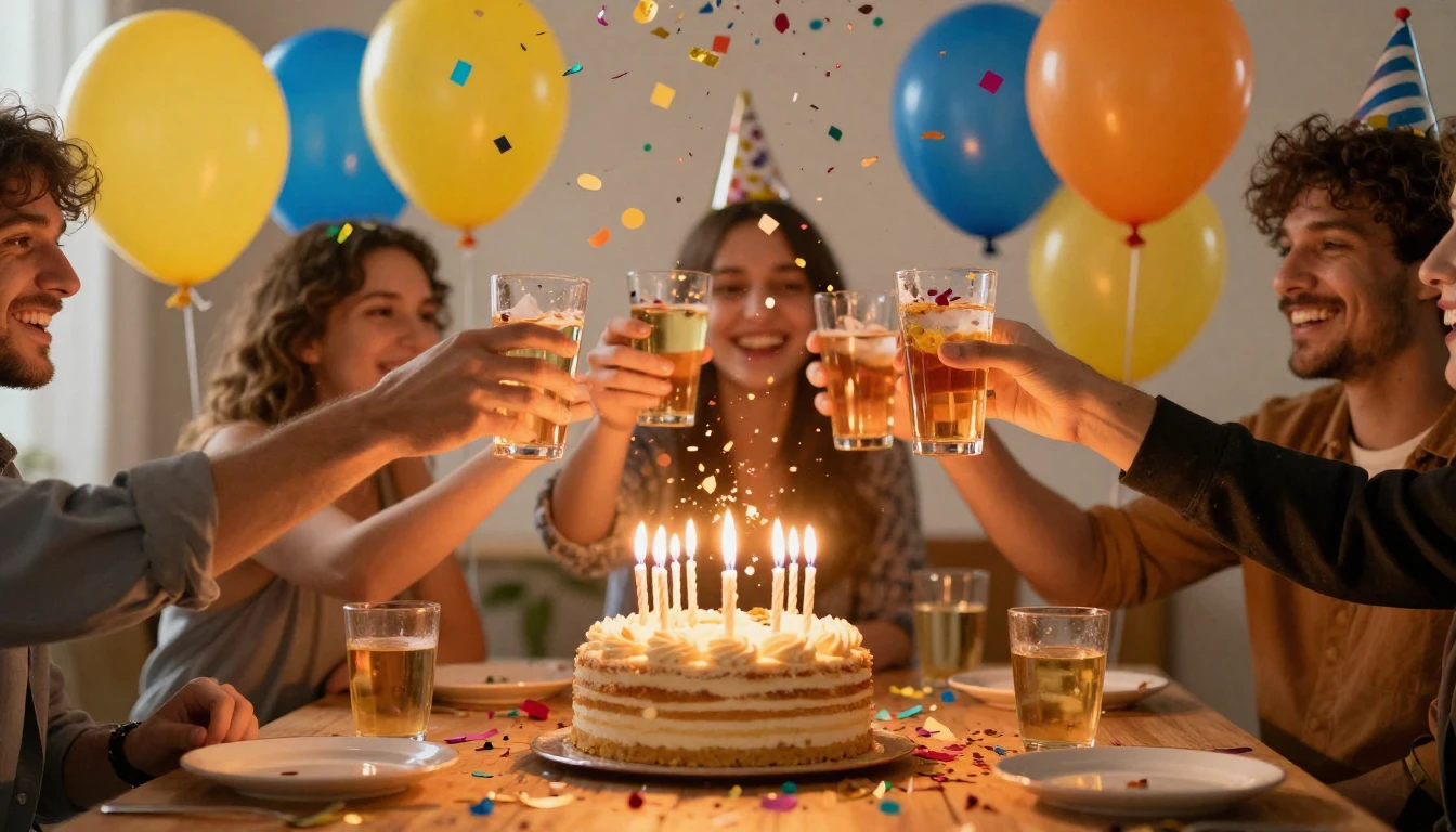 A vibrant and festive birthday scene focusing on friendship....