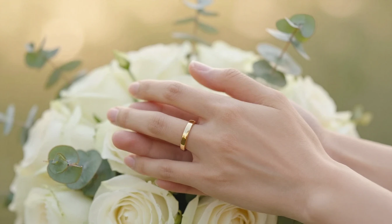 Close-up of two hands holding each other gently, wearing gol...