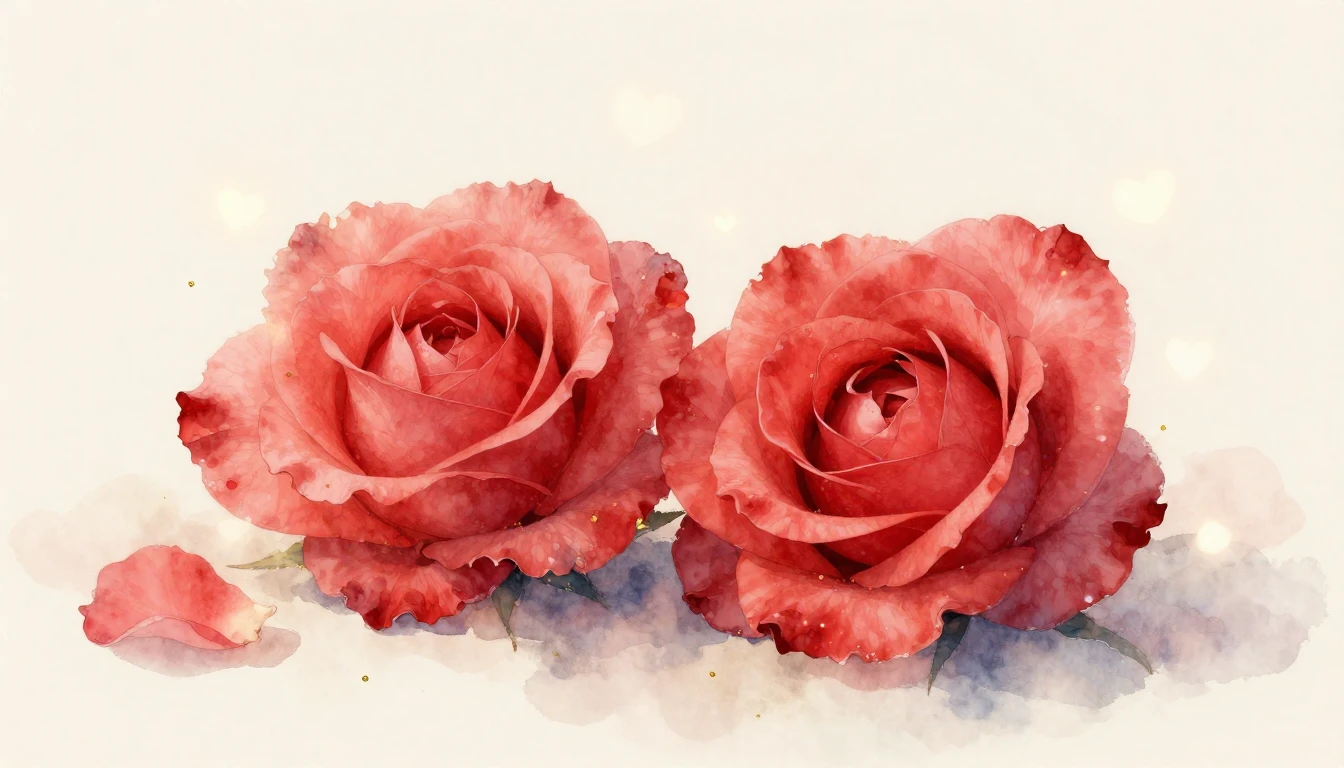A beautiful watercolor painting of two delicate red roses le...