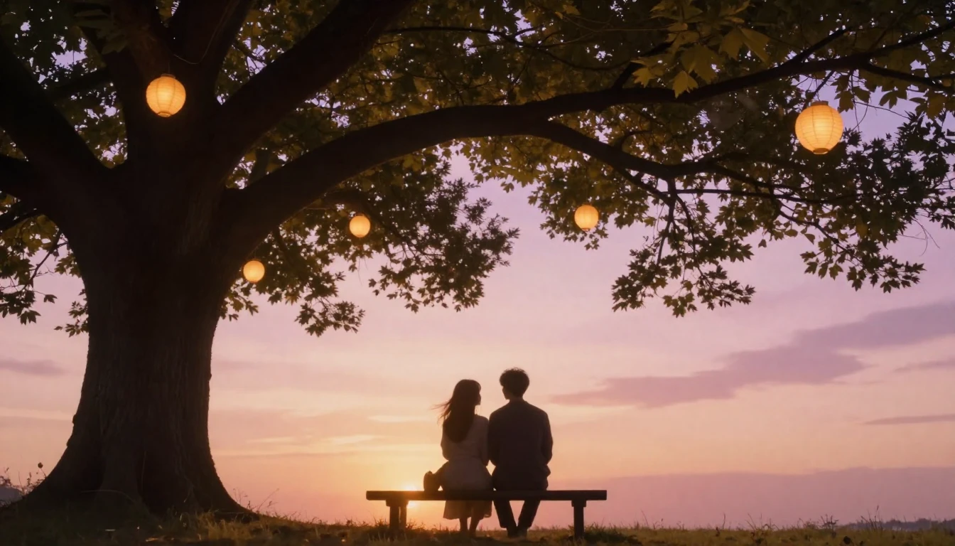 A romantic and dreamy scene featuring two silhouettes sittin...