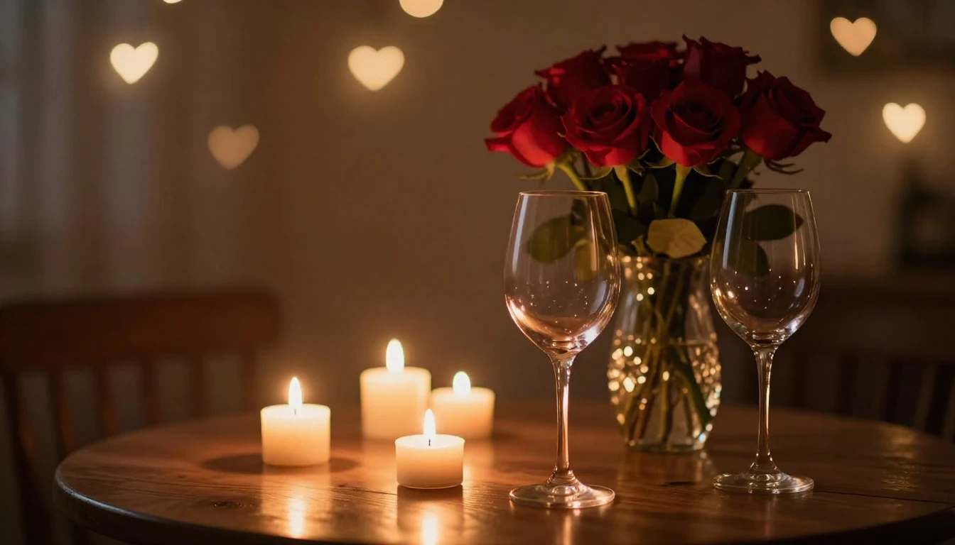 A serene and romantic scene featuring two elegant wine glass...