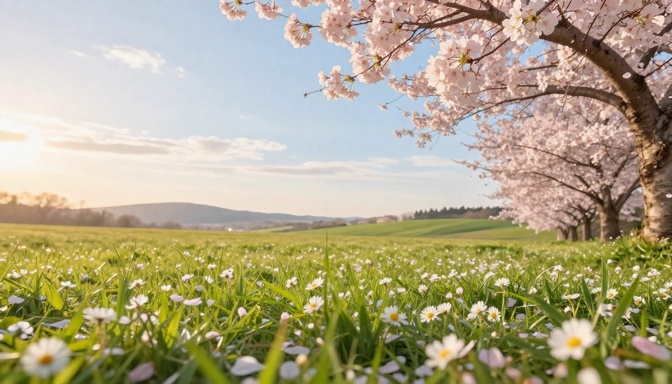 A serene spring landscape in a blooming meadow under a soft,...