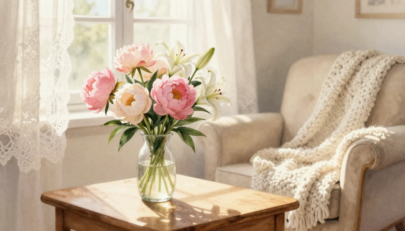 A delicate watercolor painting of a cozy sunlit living room....