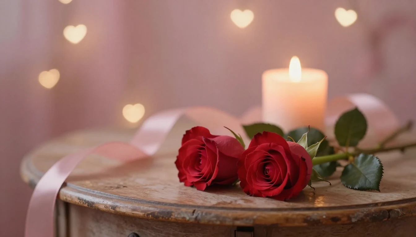 A soft and ethereal scene featuring two delicate red roses r...