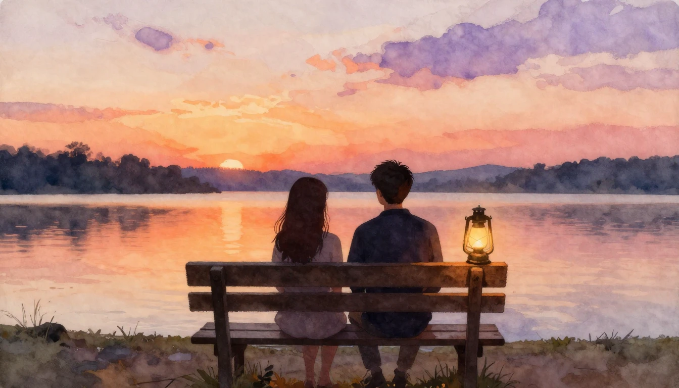 A heartwarming watercolor painting depicting two silhouettes...