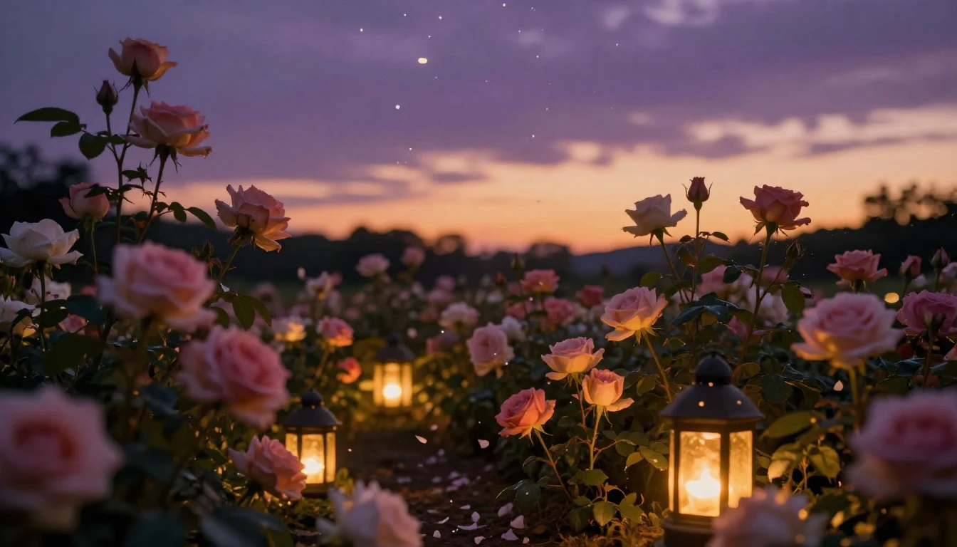 An ethereal and dreamlike scene of a lush garden at dusk, fi...