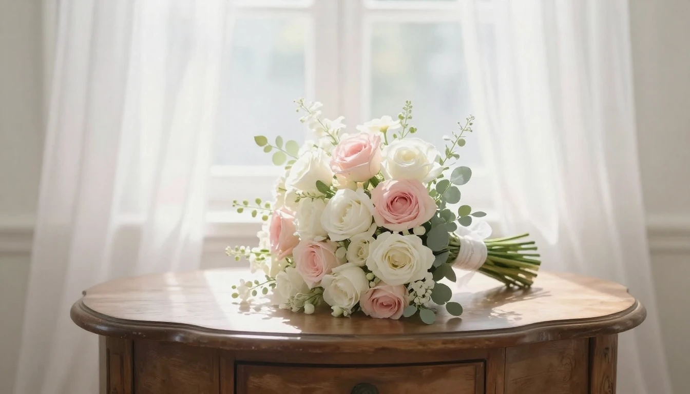 A soft and romantic illustration of a white wedding bouquet ...