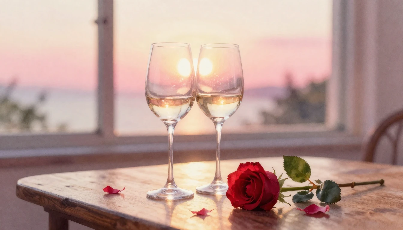 A soft watercolor painting of two elegant wine glasses sitti...