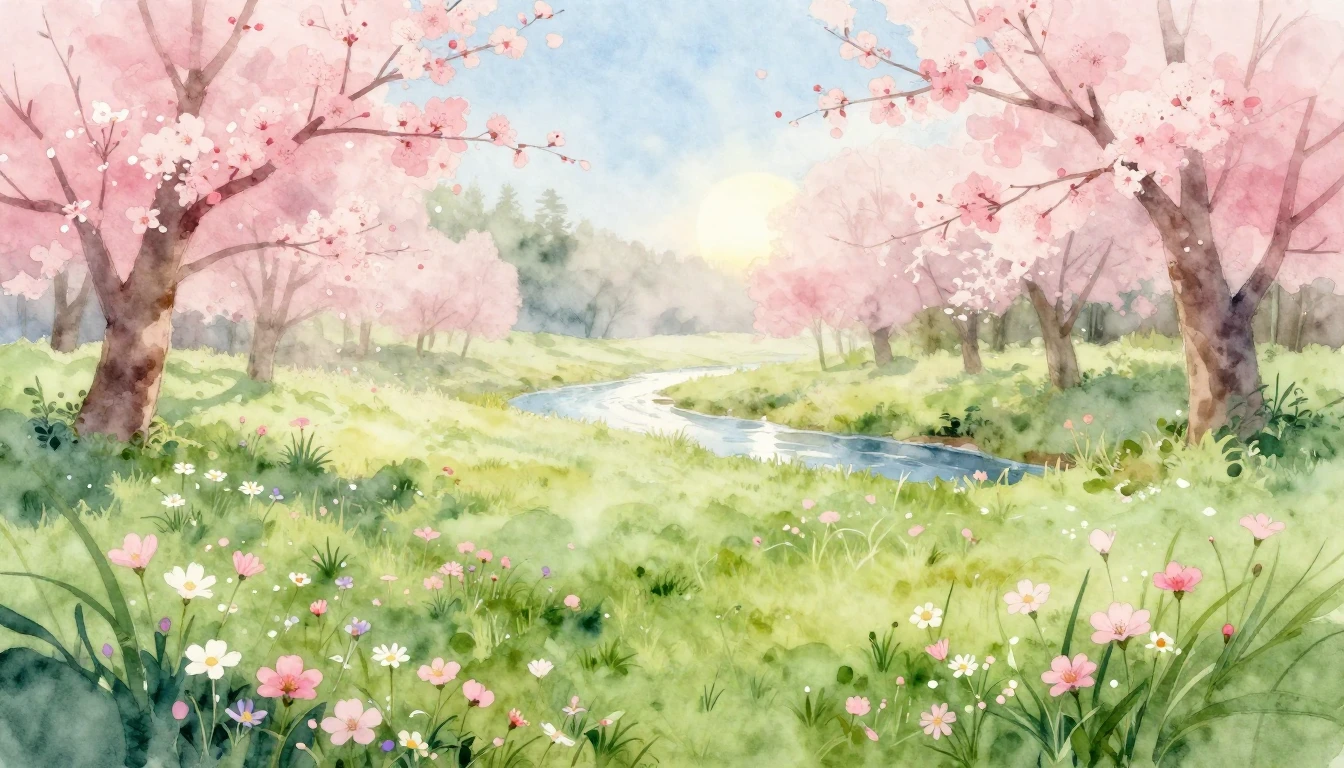 A beautiful watercolor painting of a lush meadow at dawn dur...