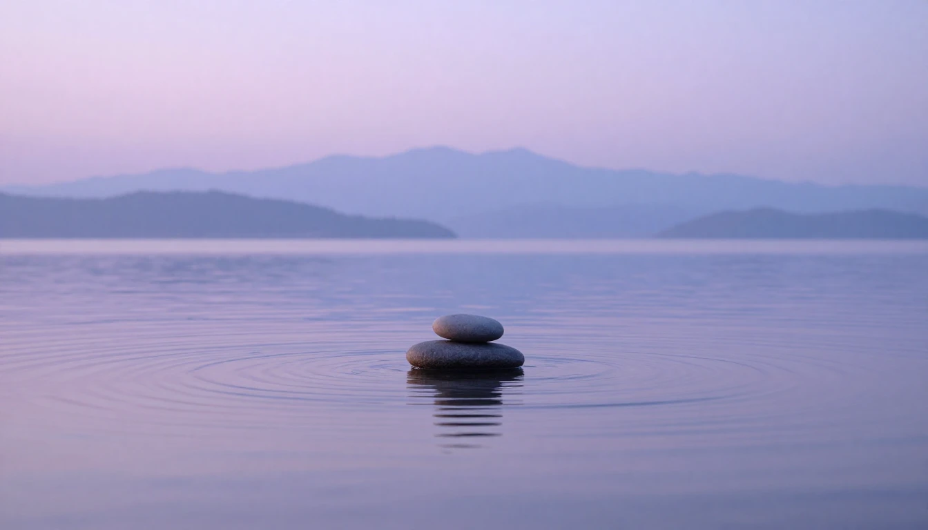 A serene landscape featuring a single smooth stone balanced ...