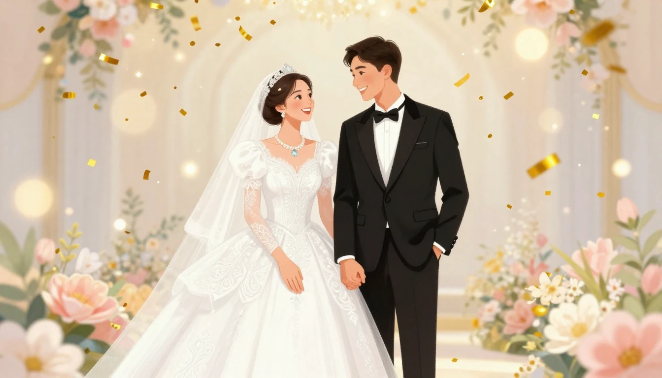 A vibrant and romantic illustration of a young Kazakh weddin...