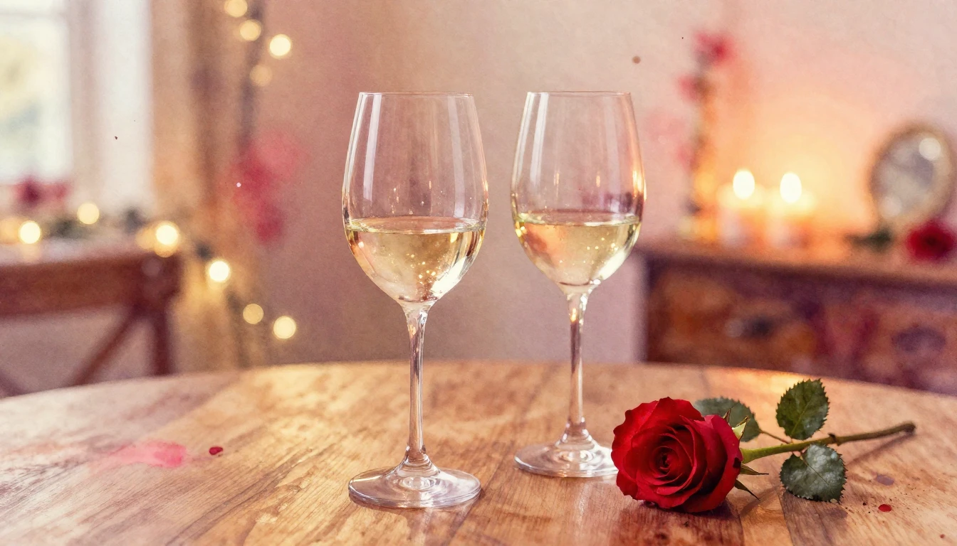 A soft watercolor painting of two elegant wine glasses stand...