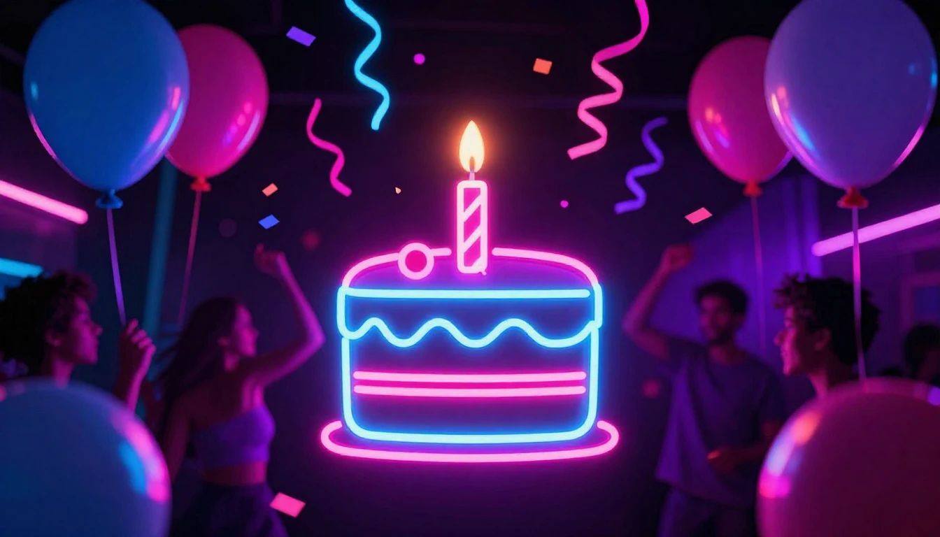 A vibrant and electric party scene celebrating a birthday, n...