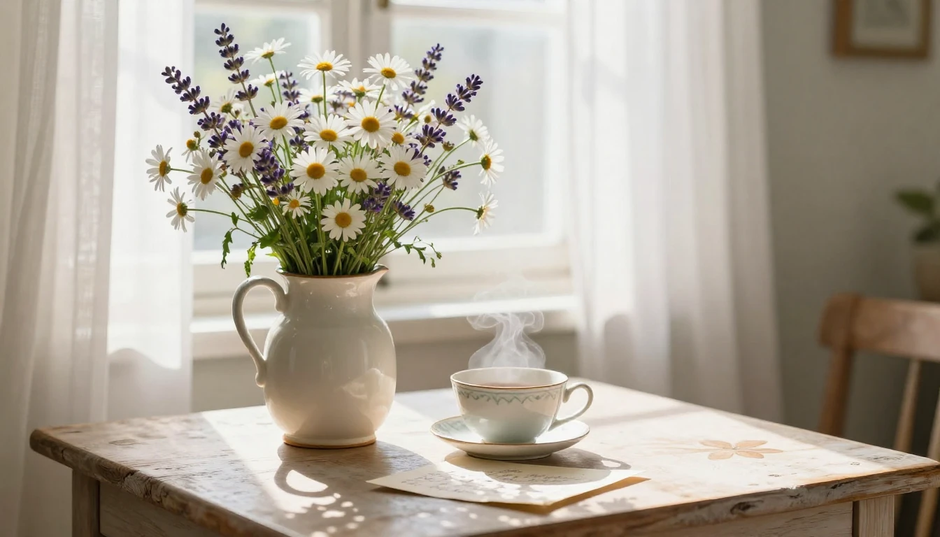 A soft and nostalgic scene featuring a vintage ceramic vase ...