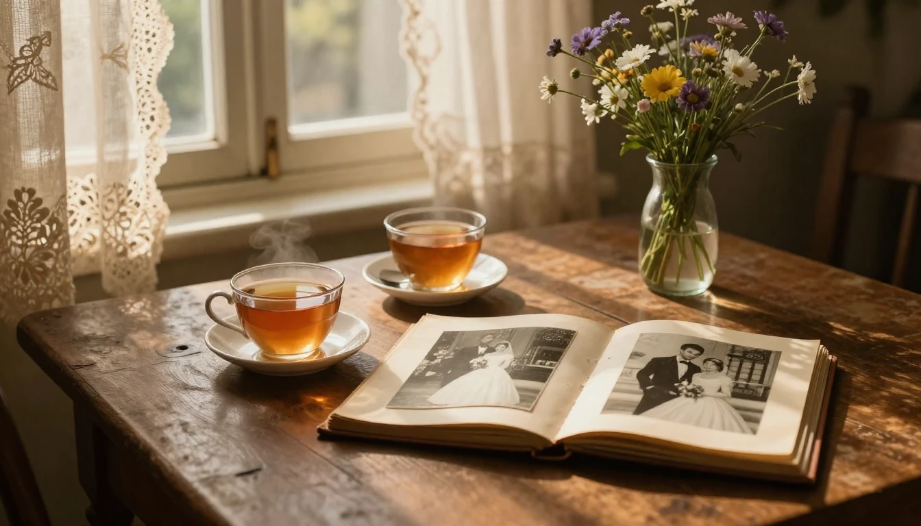 A warm and nostalgic image symbolizing long-lasting love. Tw...