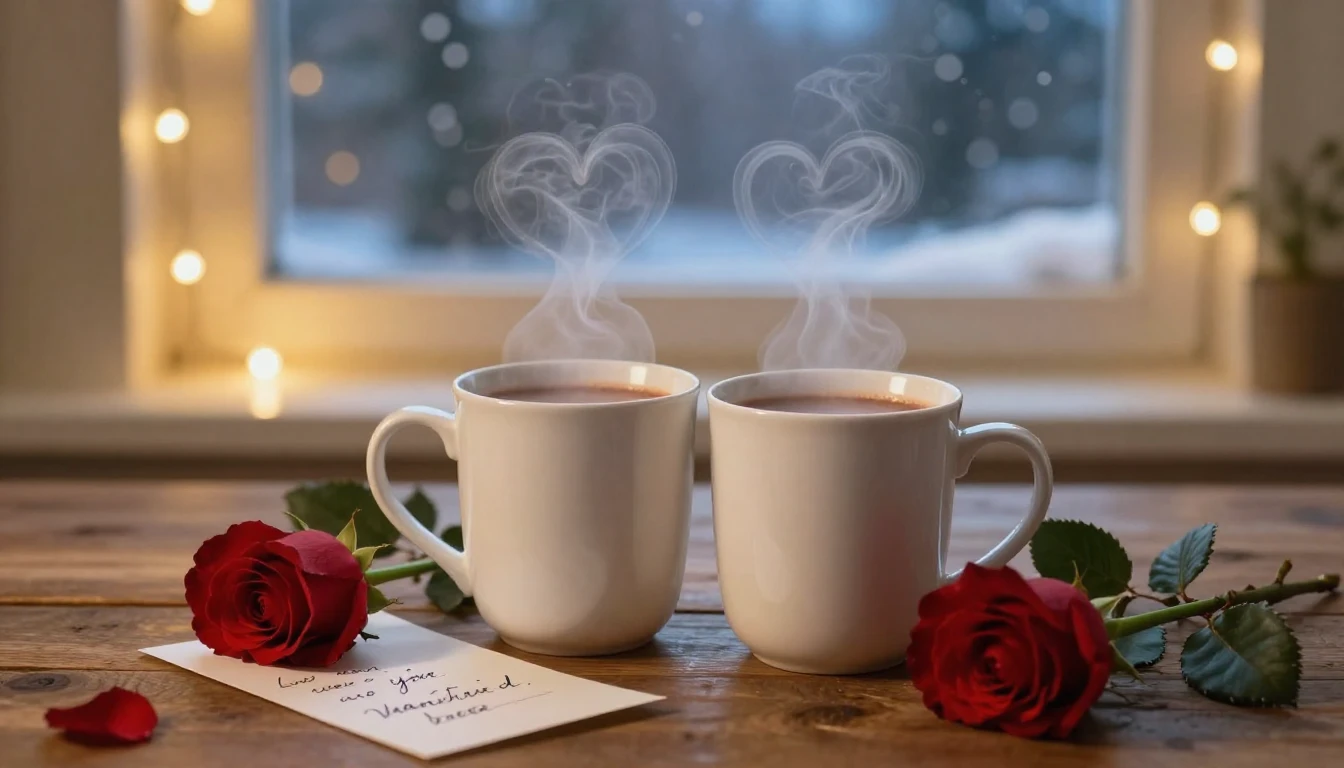 A romantic and cozy composition featuring two white ceramic ...