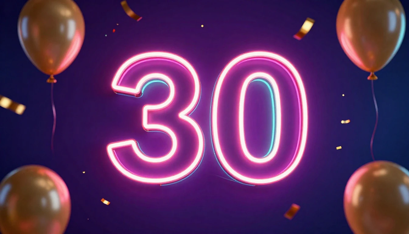 A vibrant and celebratory image featuring a large, glowing n...