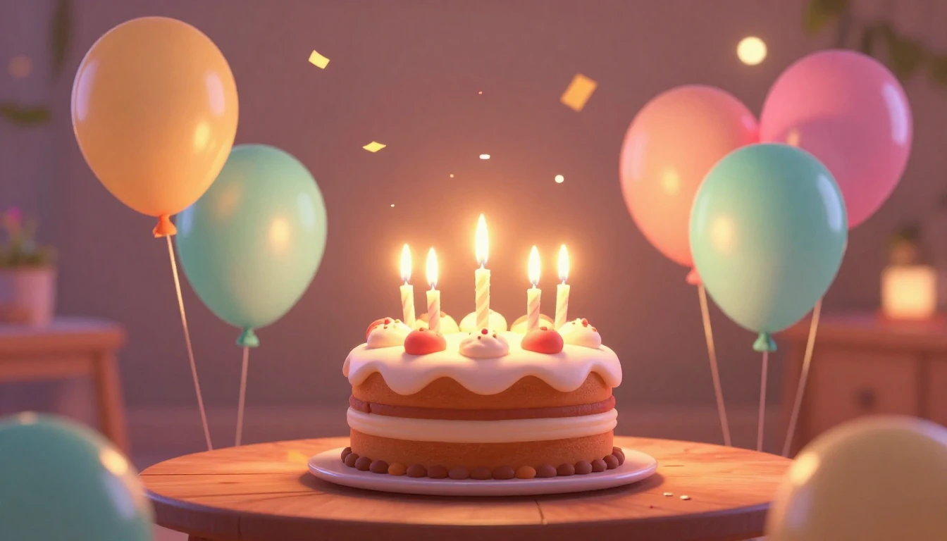 A warm and joyful 3D animated style scene celebrating a birt...