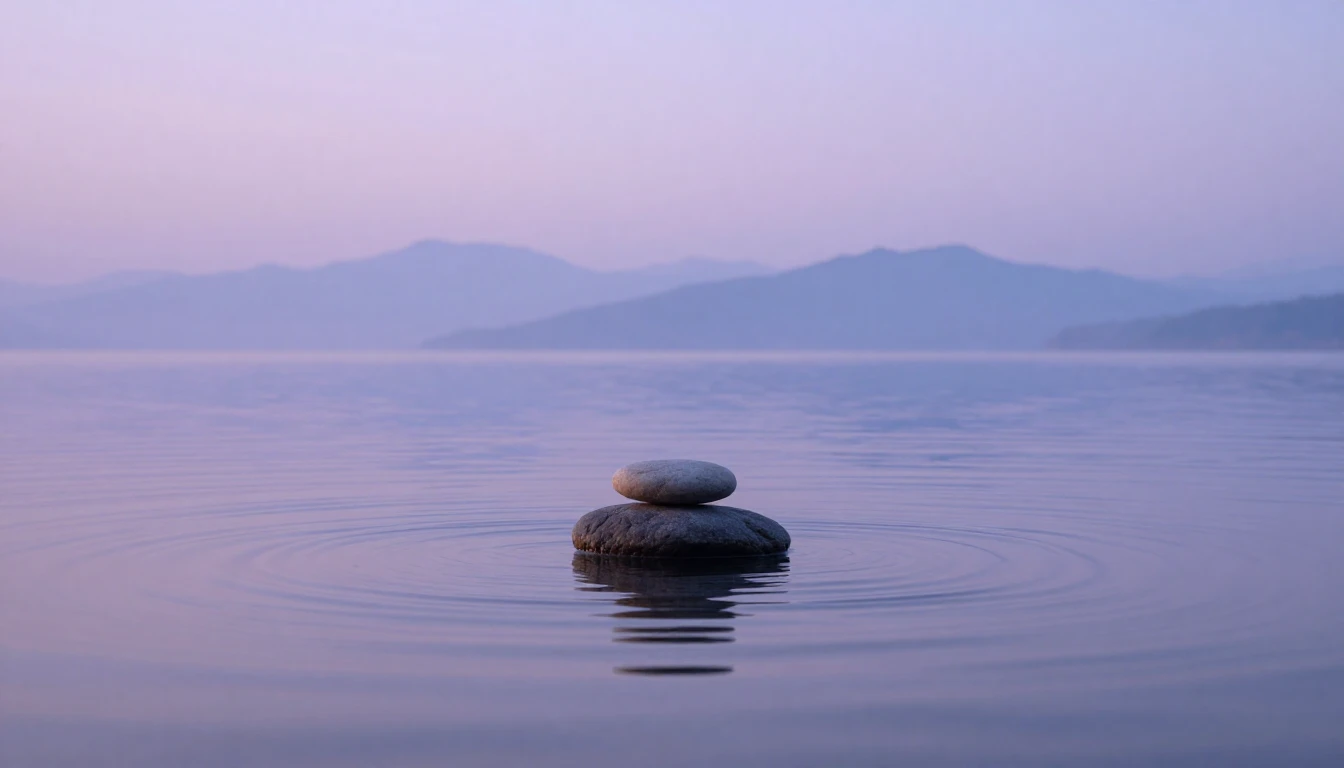 A serene landscape featuring a single smooth stone balanced ...