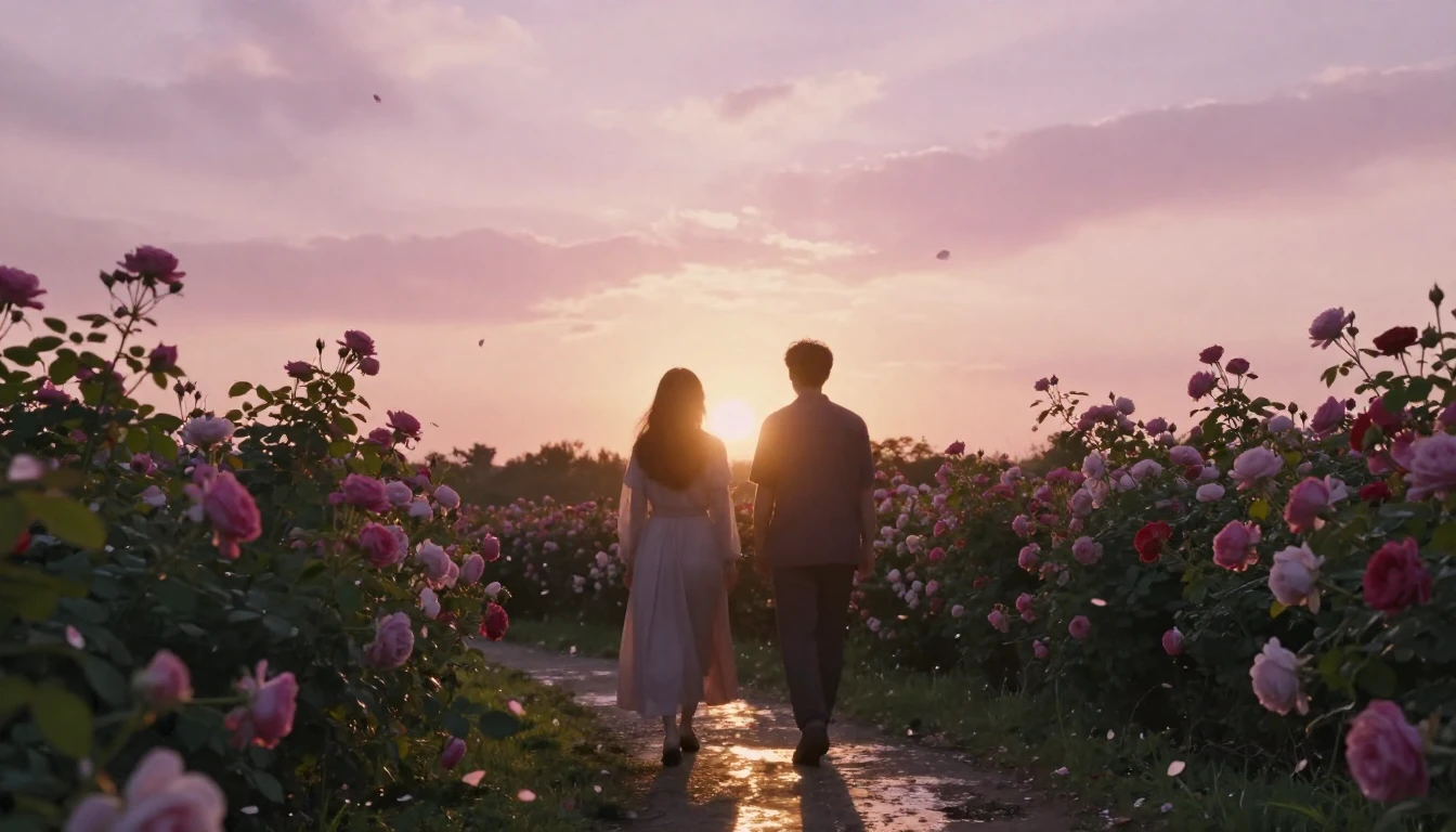 A dreamlike scene of two silhouettes walking through a bloom...
