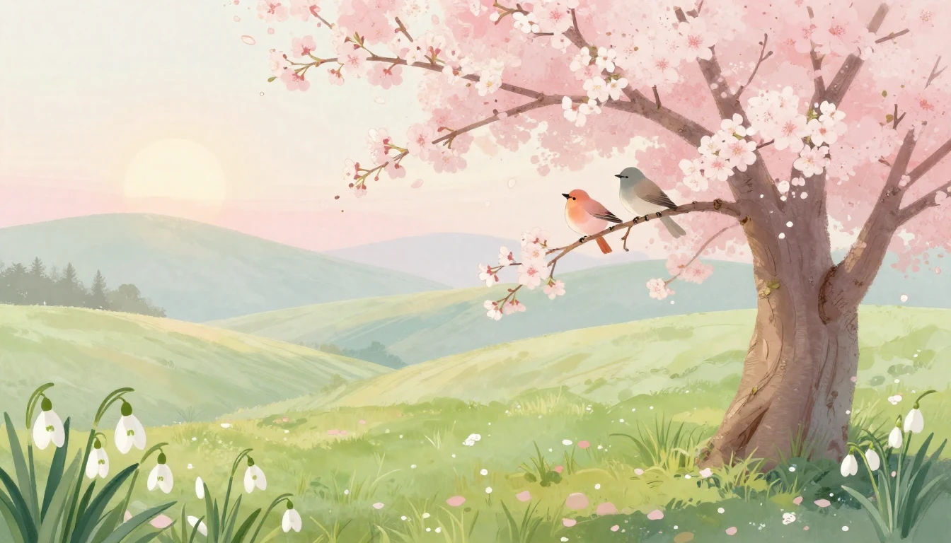 A serene landscape representing the arrival of spring. Soft ...
