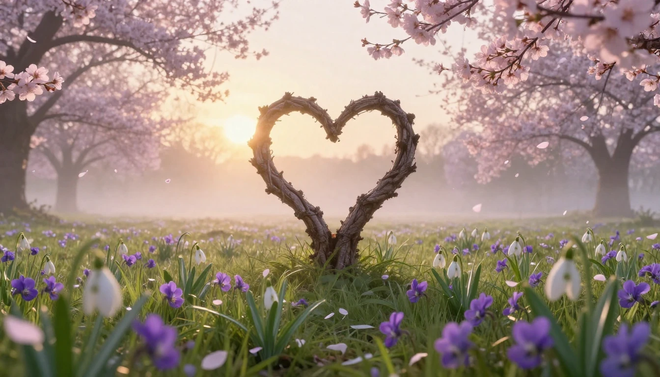 A breathtaking landscape of a blooming meadow at dawn during...