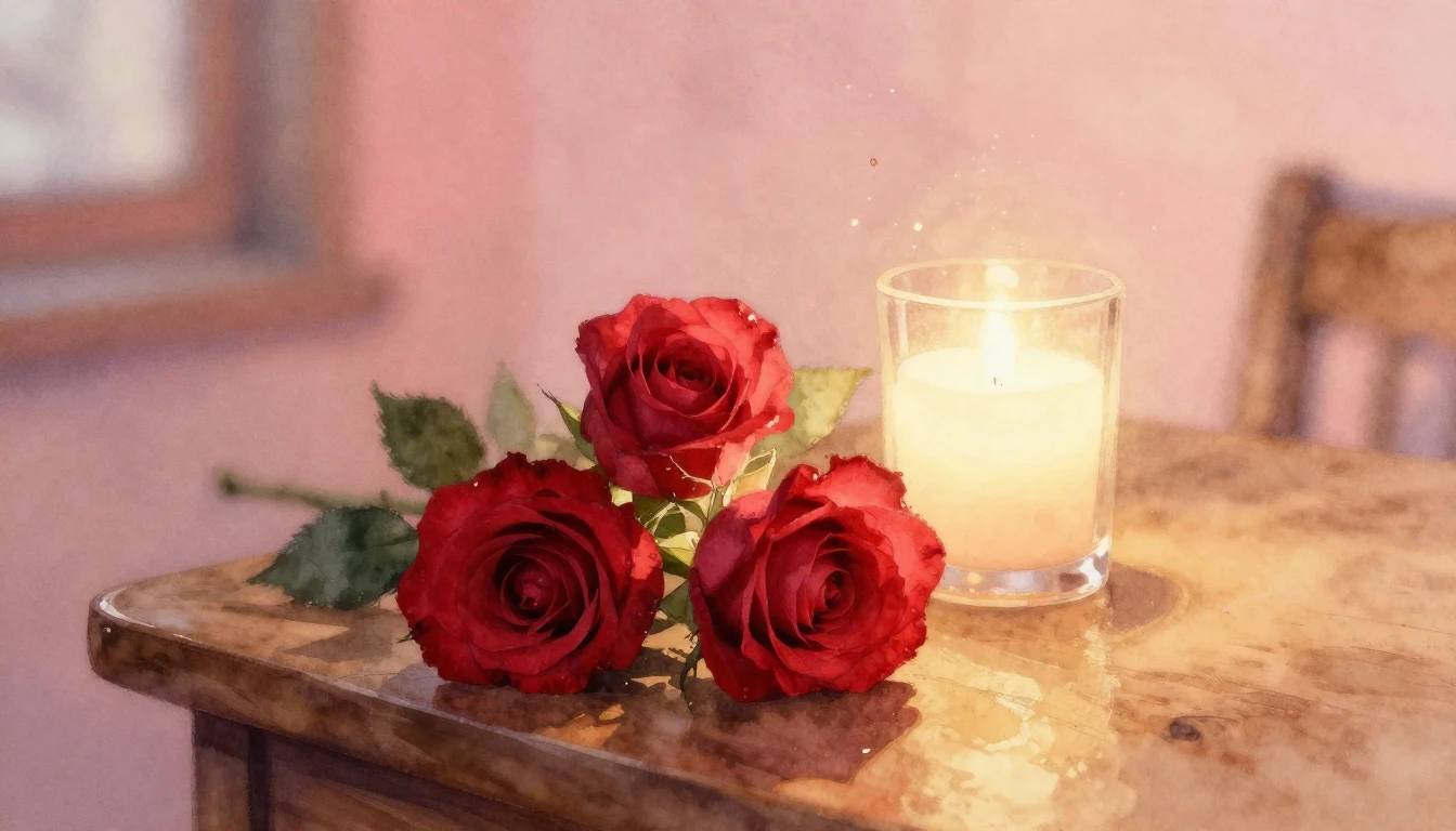 A soft watercolor painting of two delicate red roses resting...