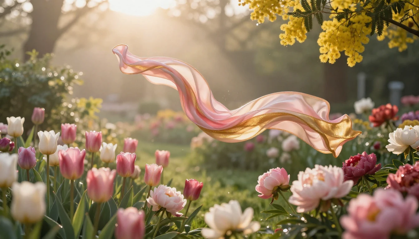 A breathtaking spring meadow filled with blooming tulips, pe...