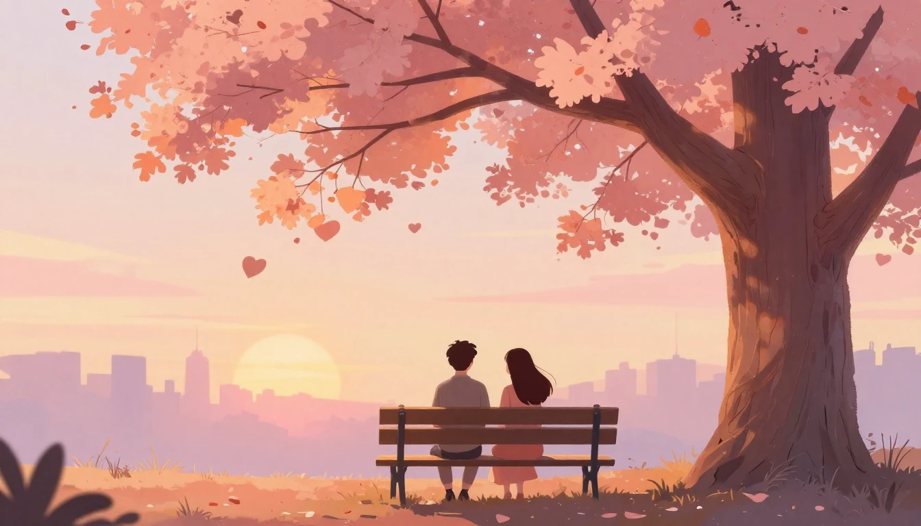 A romantic and soft illustration of a couple sitting on a pa...