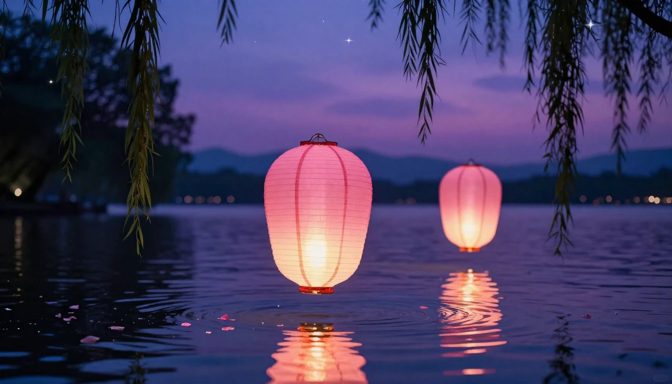 A beautiful and romantic scene featuring two glowing paper l...