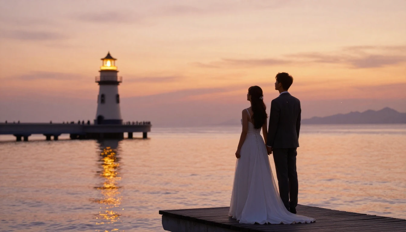 A romantic and atmospheric image of a newlywed couple standi...