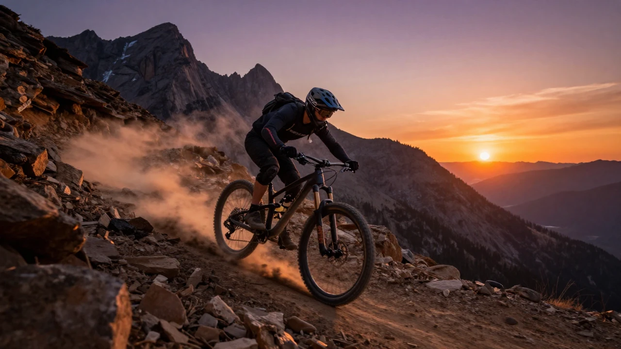 A dynamic wide-angle shot of mountain bikers racing down a s...