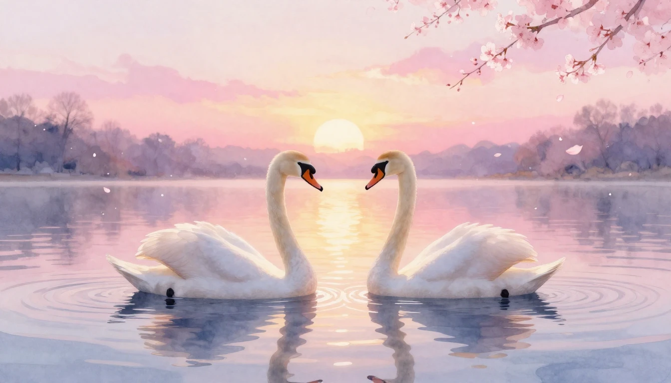 A dreamy watercolor painting of two elegant swans gliding on...