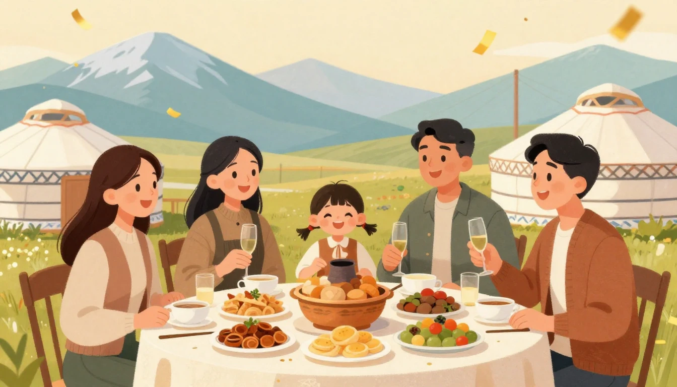 A warm and inviting illustration of a happy Kyrgyz family ce...
