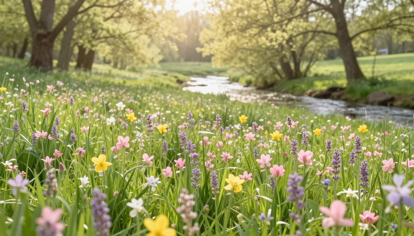 A serene landscape featuring a lush green meadow filled with...
